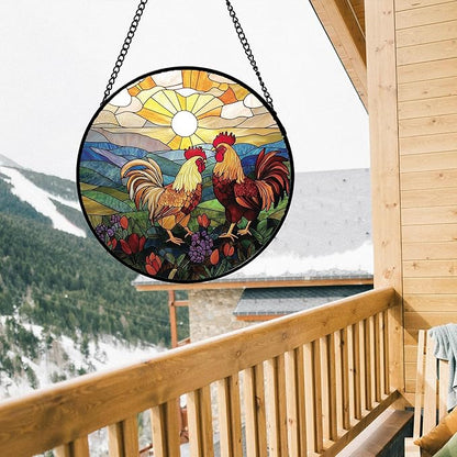 AMDERVEN Stained Glass Window Hanging, Countryside Scenery Chicken Sun Catcher - Image 2