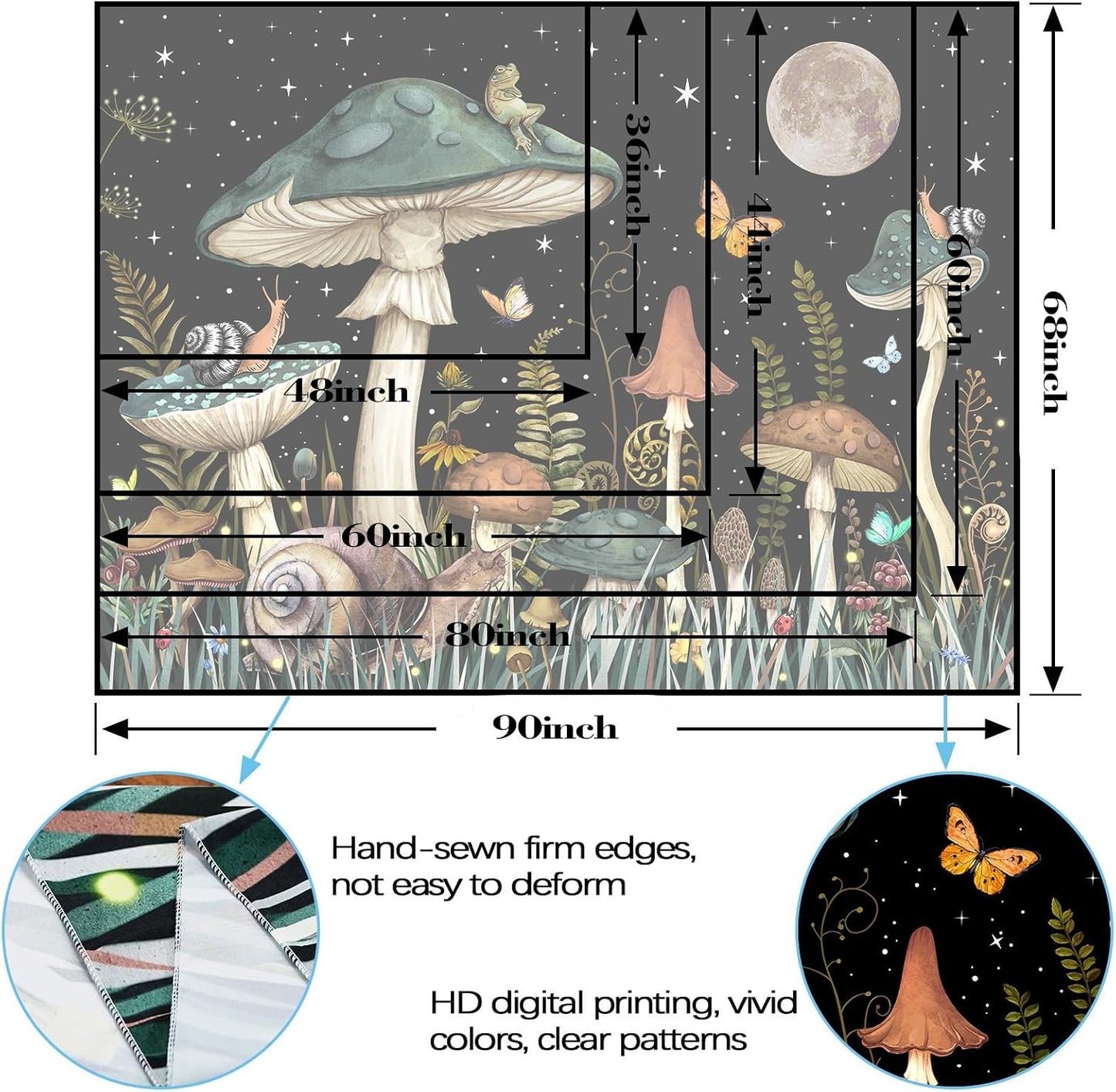 Zussun Green Mushroom Tapestry Moon Star Tapestries for Bedroom Aesthetic Starry Night Plant Tapastrys Wall Hanging Butterfly Snail Frog Wall Tapestry for Living Room Dorm (Dark, 48" x 36")