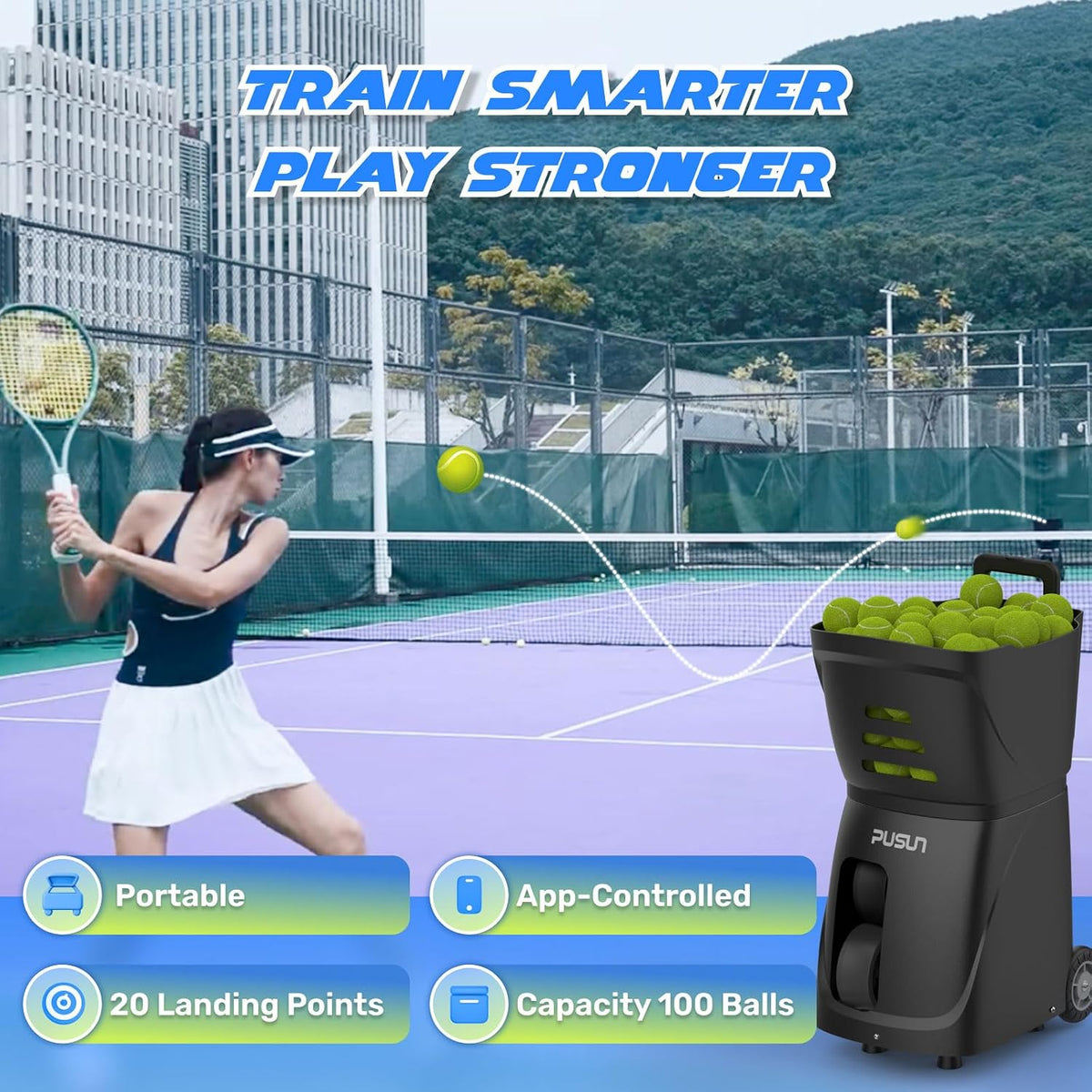 PUSUN｜PT-Smart Tennis Ball Machine: App Control with 12 Built-in Training Mod...