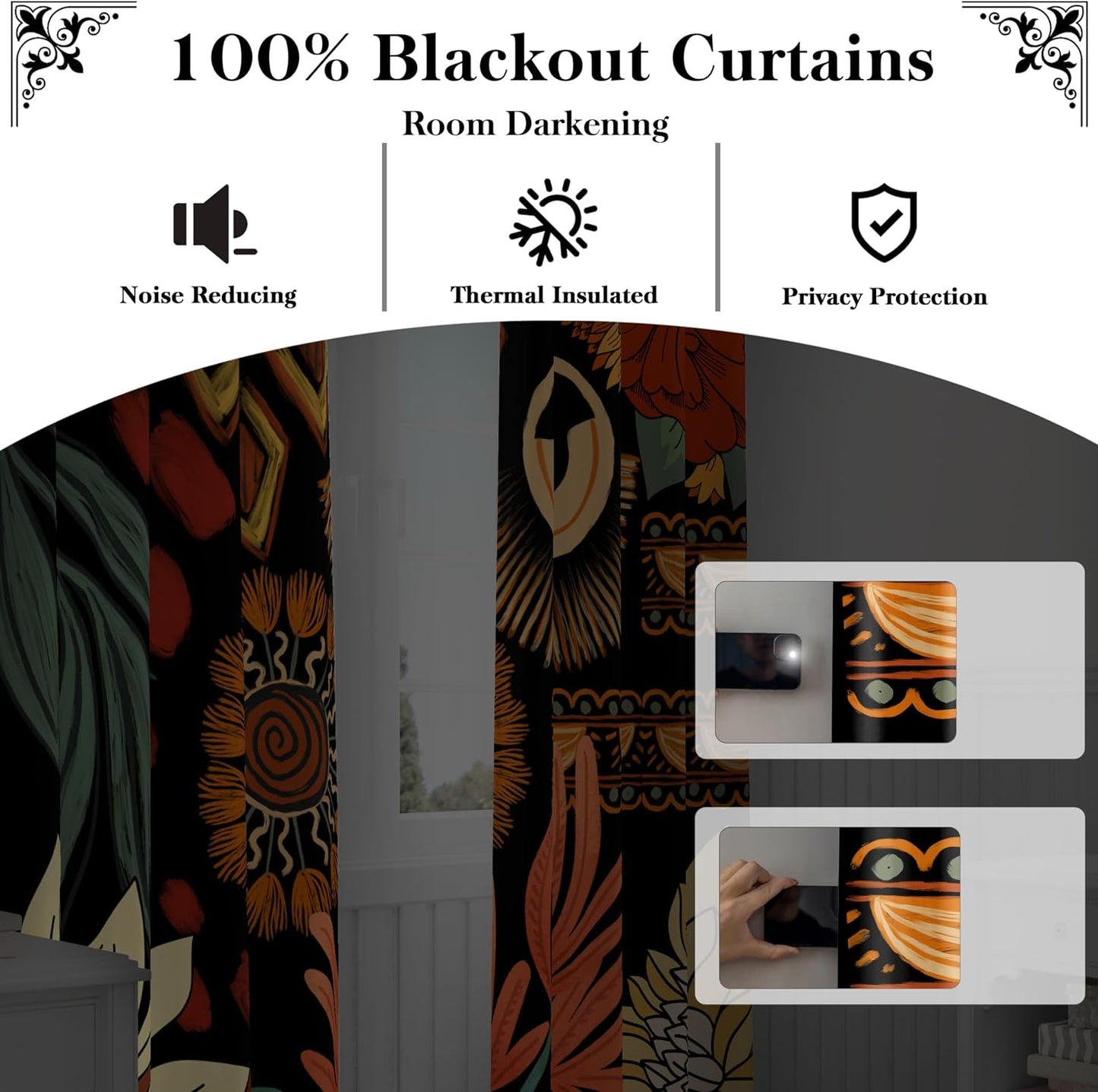 Tyrot Black Floral 100% Blackout Curtains for Bedroom, 52W x 84L,2 Panels | Colorful Botanical, Energy-Saving Thermal Insulation, Light Blocking, Room-Darkening Privacy, Easy Grommet Drapes