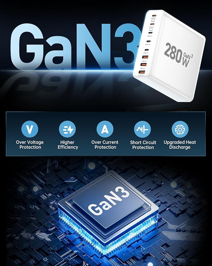 280W USB C Charger Block, 8-Port USB C Charging Station GaN III PD 65W Laptop - Image 3