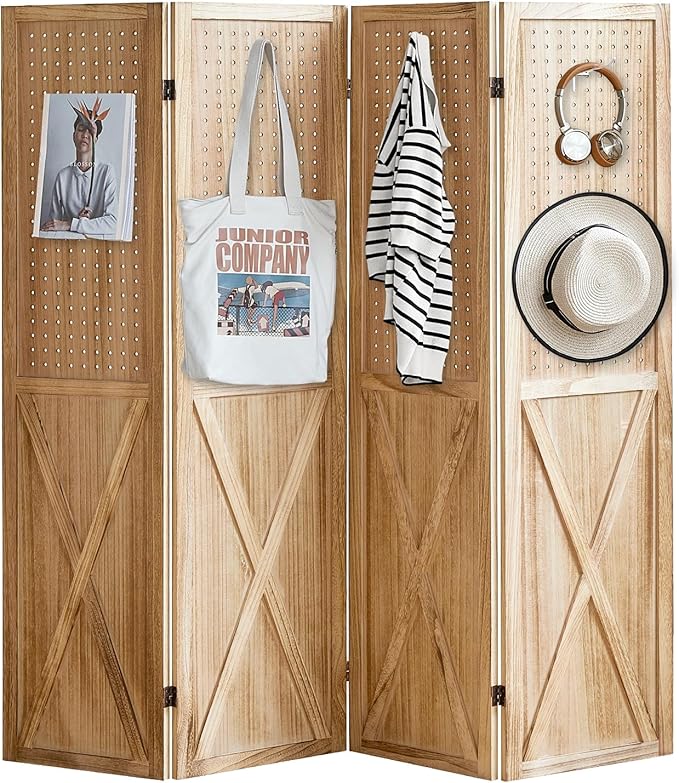 ALeesing 4 Panel Pegboard Wood Room Divider, 5.6Ft Pegboard Display Folding - Image 9