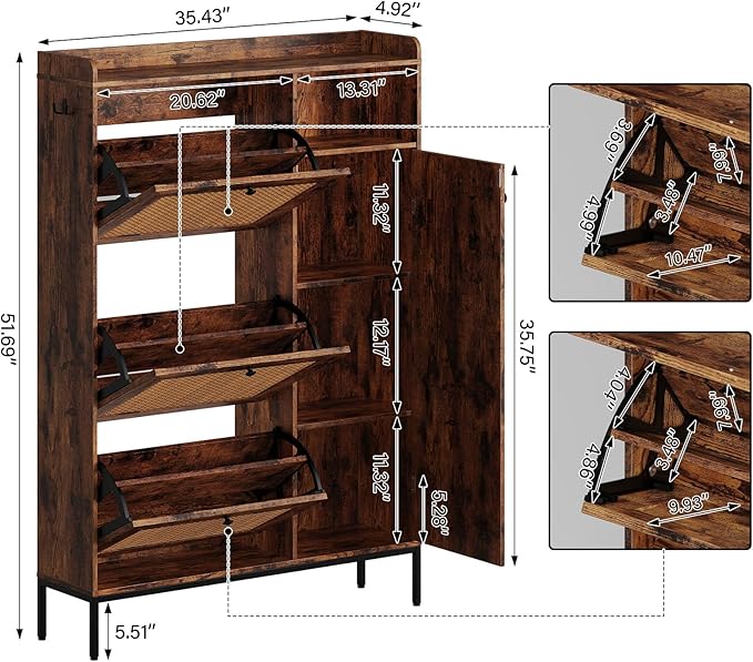 Rattan Wooden Shoe Cabinet, Freestanding 3-Flip Drawer Shoe Storage Organizer - Image 2