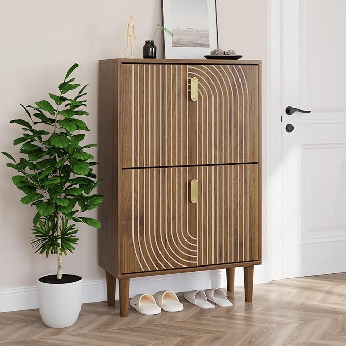 Smuxee Shoe Cabinet with 2 Flip Drawers, 23.6" Walnut Hidden Shoe Storage by Smuxee