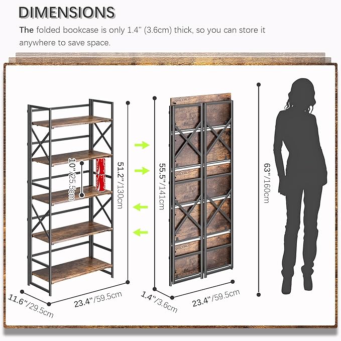 4NM 5 Tiers No Assembly Book Shelves, 51.2" H Folding Bookshelf Bookcase Open - Image 2