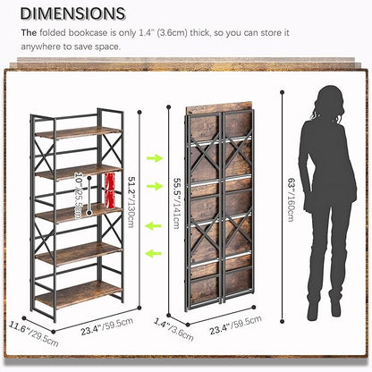 4NM 5 Tiers No Assembly Book Shelves, 51.2" H Folding Bookshelf Bookcase Open - Image 2