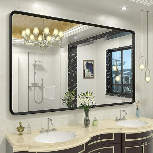 60x36 Black Matte Bathroom Mirror, Large Metal Framed Black Bathroom Vanity by GOLOMO