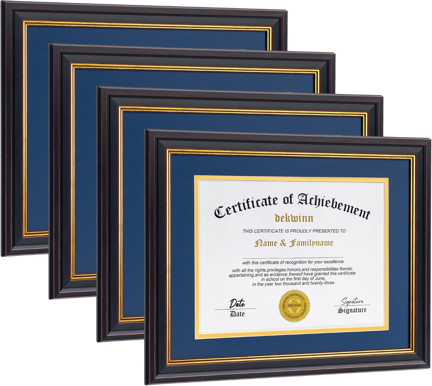 Diploma Frames 8.5x11 with Mat or 11x14 without Mat,4 Pack Certificate Document Frame with Real Glass,Black Gold & Burgundy Molding(Blue/Gold Double Mat)