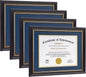 Diploma Frames 8.5x11 with Mat or 11x14 without Mat,4 Pack Certificate Document Frame with Real Glass,Black Gold & Burgundy Molding(Blue/Gold Double Mat)