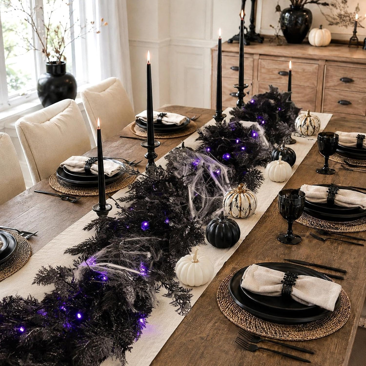 Pre-lit Halloween Garland Decorations Black Real Touch Cedar Cypress with Ber...