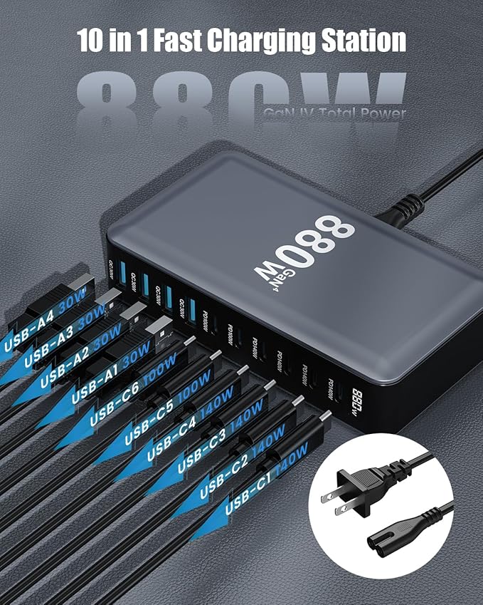 880W USB C Charger Block, 10-Port USB C Charging Station GaN IV Travel - Image 5