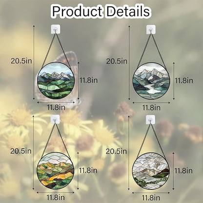 AMDERVEN Stained Glass Window Hanging 4 Pcs Set Mountain River Landscape Large - Image 6