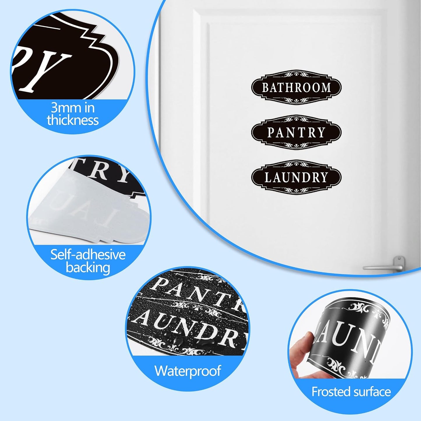 3PCS Bathroom/Laundry Room/Pantry Door Signs Sticker, Self-Adhesive | Weatherproof and Fade-Resistant Vinyl Bathroom Door Decal Decor for Home, House, Business, Office, Apartment（9" x 3.5"）
