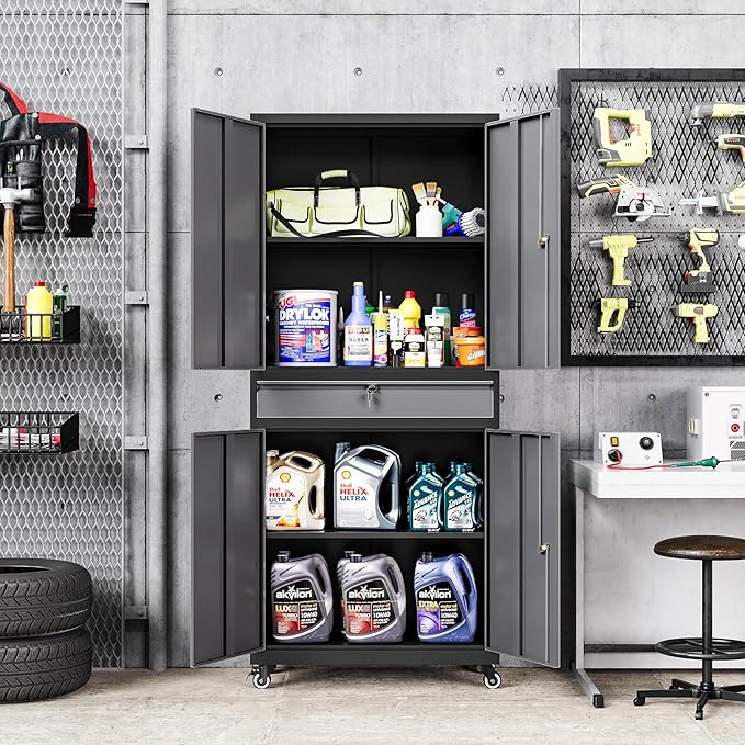 MIIIKO Storage Cabinet with Wheels, Metal Garage Cabinet with Drawer and Doors - Image 6