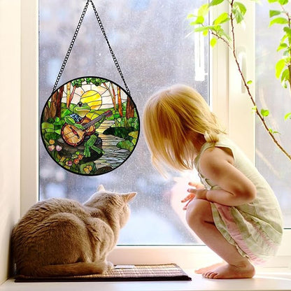 DASTOLL Stained Glass Window Hanging, Frog Playing Guitar Suncatcher Diamond - Image 3