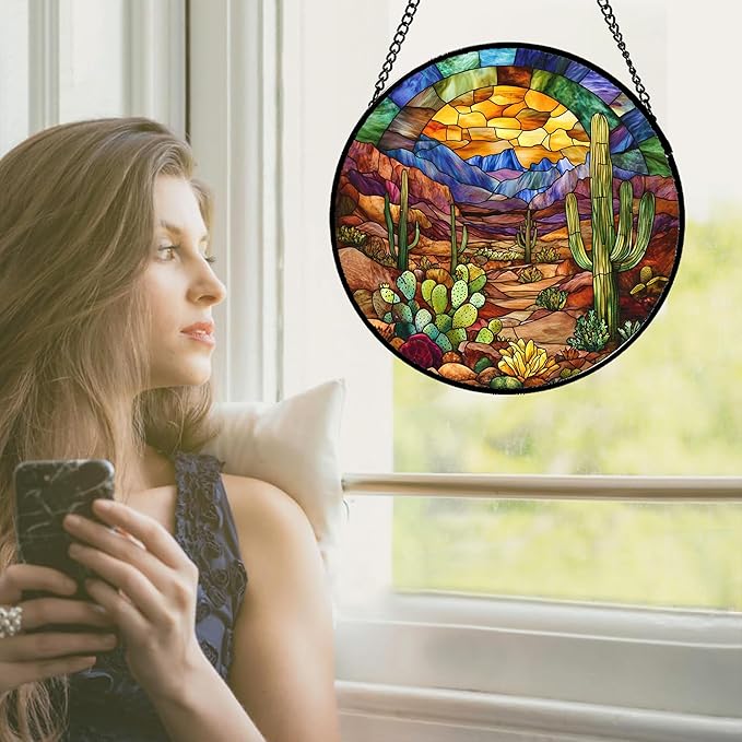 CRISGIF Stained Glass Window Hanging Cactus Mountains Landscape 6.3" - Image 4