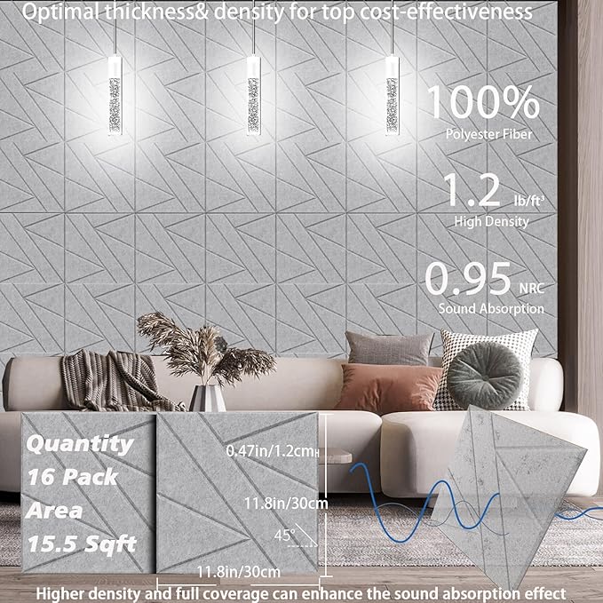 16 Pack Self-Adhesive Soundproof Wall Panels, 1.2lb/ft³ High Density, Thicker - Image 6