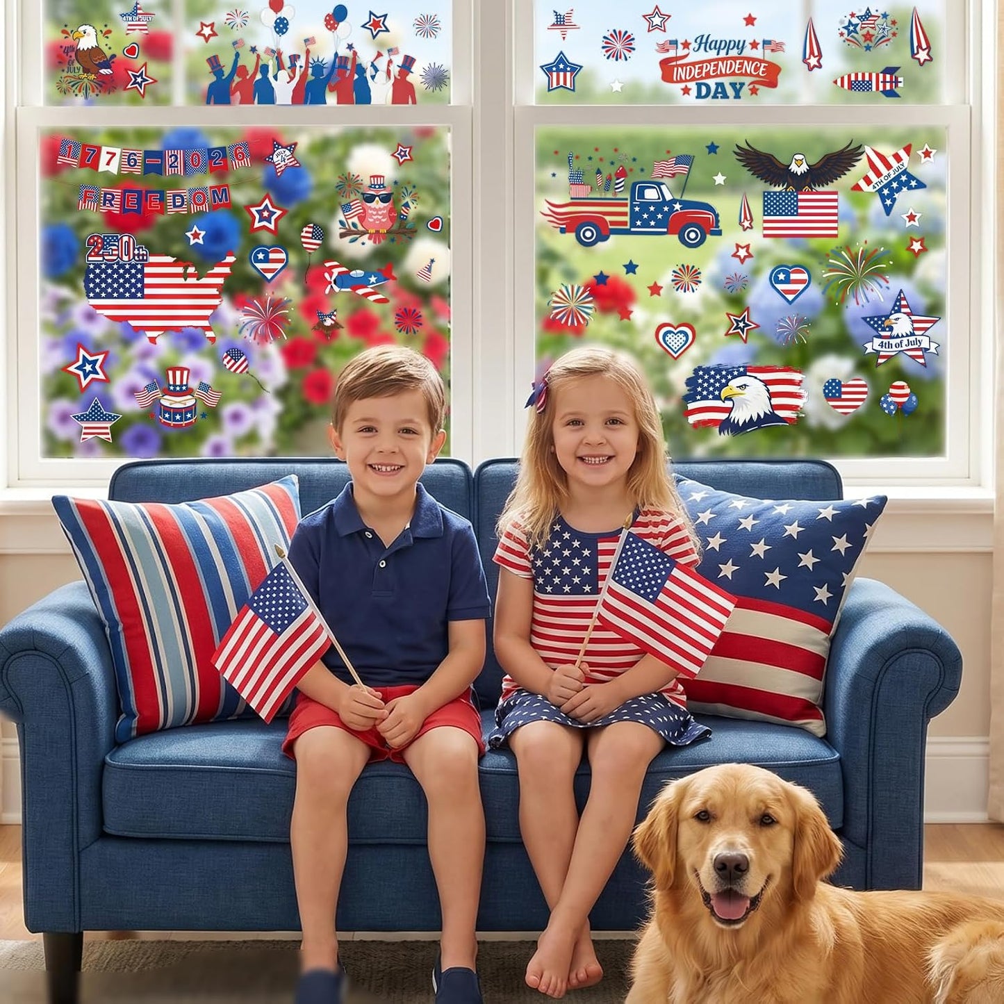 112Pcs 9 Sheets 4th of July Independence Day Window Clings | Reusable Static Stickers for USA 250th Anniversary, American Flag, Eagle, Stars Perfect for Home, Glass, Party Decor