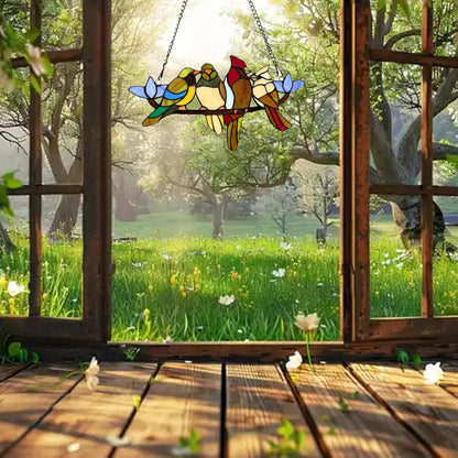 Tiffany Style Stained Glass Window Panel with Chain, 4 Birds Handcraft Stained Glass Window Hanging, Glass Ornaments Wall Décor Hanging Art,Length:16XHeight: 9 inches