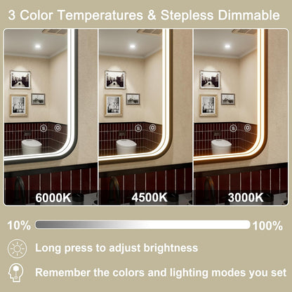 16"x24" Black LED Bathroom Mirror with 3000K/4500K/6000K Lights | Anti-Fog, Stepless Dimmable, Memory Function, Wall Mounted Aluminum Frame Lighted Bathroom Vanity Mirror, ETL Listed