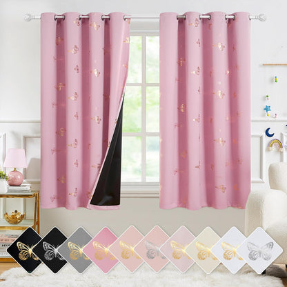 Jubilantex Rose Pink Metallic Gold Butterfly Blackout Curtains 54" Long for Small Window Girls Bedroom Nursery Window Curtains,Grommet Top 2 Panels