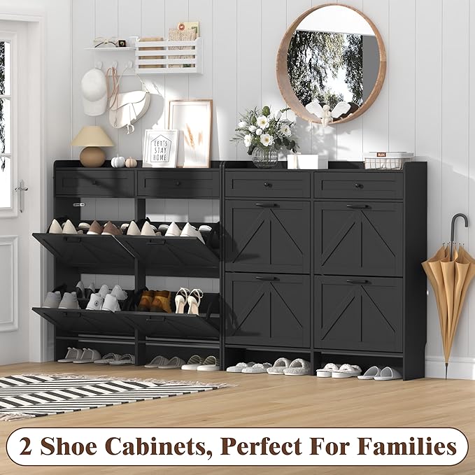 Shoe Cabinet with 4 Flip Drawers & 2 Storage Drawers, Rustic Farmhouse Narrow - Image 9