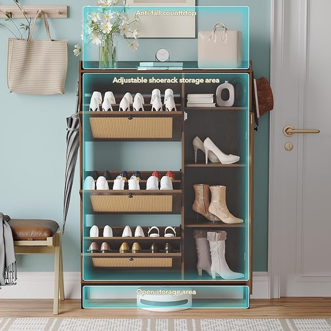 Rattan Wooden Shoe Cabinet, Freestanding 3-Flip Drawer Shoe Storage Organizer - Image 5