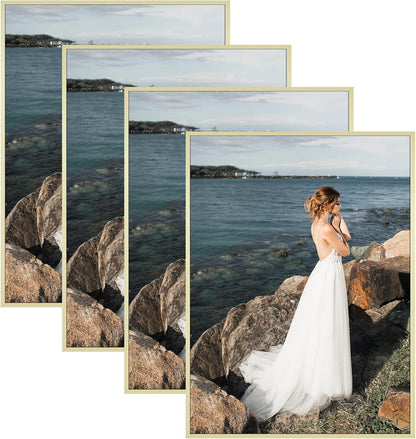 Golden State Art 18x24 Gold Aluminum Poster Frame Tempered Glass 4 Pack | With Hooks for Horizontal or Vertical Display, Thin Gallery Wall Frames for Home Office Decor