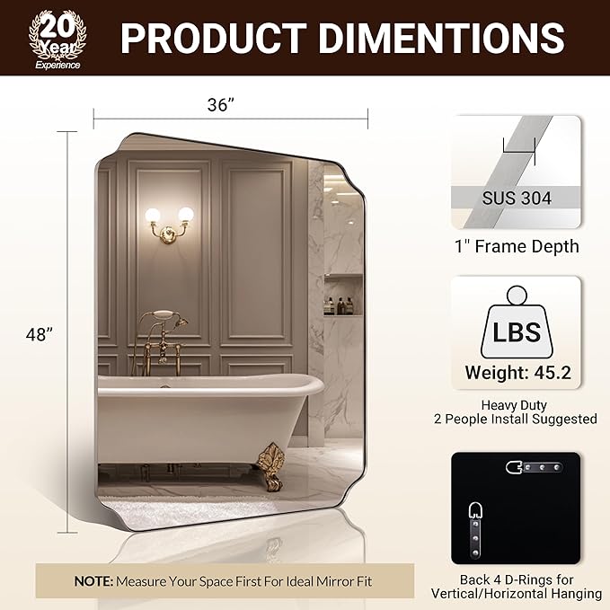 ANDY STAR 36x48 Inch Brushed Nickel Rectangle Mirror, Large Scalloped Bathrom - Image 2