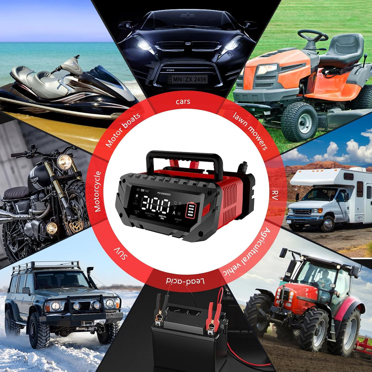 30 Amp 6V/12V/24V Smart Trickle Charger, Car Battery Charger, Lithium, Lifepo...
