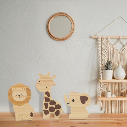 Barydat 3 Pcs Wood Safari Nursery Decor Cute Woodland Animal Nursery Safari Decoration Woodland Animal Jungle Themed Room Decor Giraffe Lion Elephant Art for Baby Shower Bedroom Boy Girl Gifts