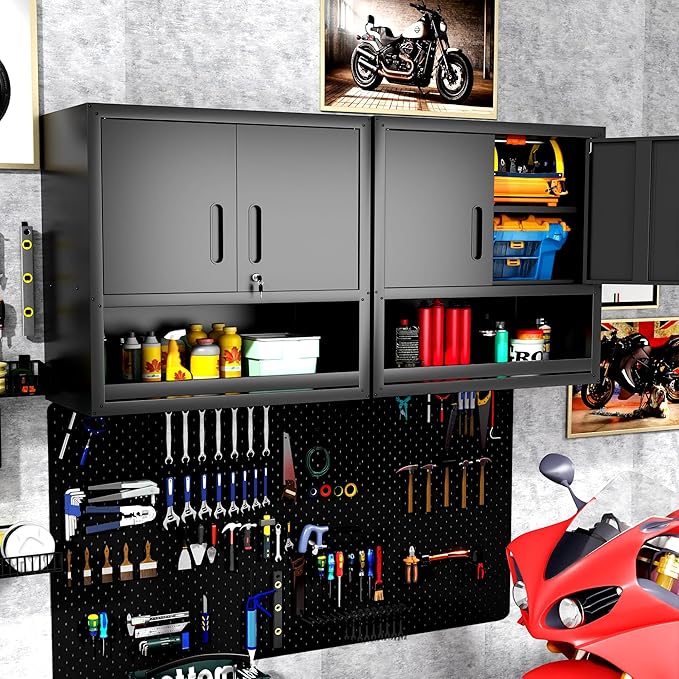 Garage Wall Cabinet with Doors and Shelves, Wall Mounted Metal Storage Cabinet - Image 2