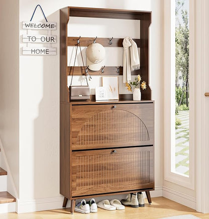 Shoe Cabinet for Entryway with 2 Flip Drawers & Coat Rack, Narrow Hidden Shoe by Fsbecl