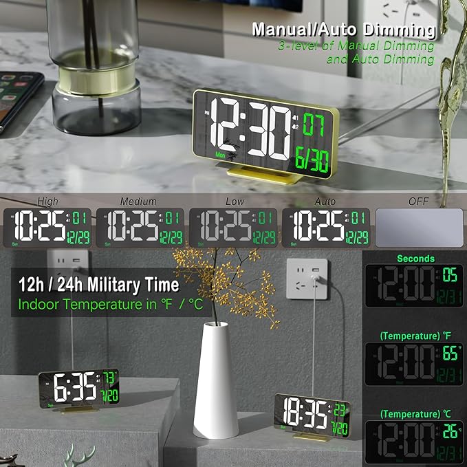 KOSUMOSU Desk Clock for Bedroom Accessories 6.7in Gold Digital Alarm Clock - Image 2