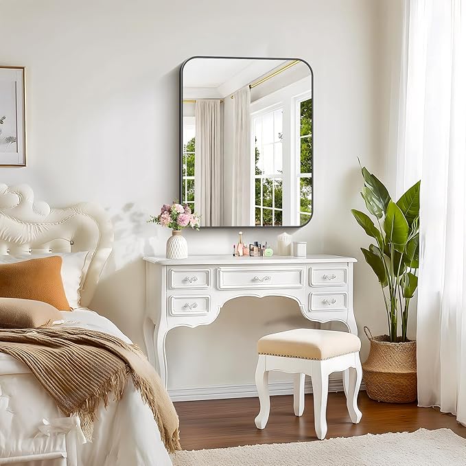 Bathroom Mirror, 30 x 24 inch Metal Framed Black Rectangle Mirror, Rounded - Image 3