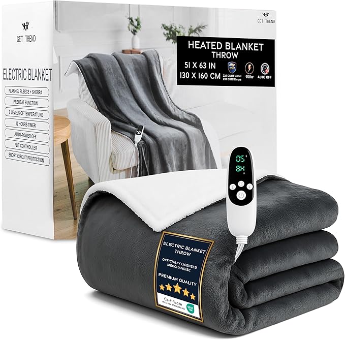 Heated Blanket Electric Luxurious Fleece Throw Blanket, 9 Heat Settings & 12H by GetTrend