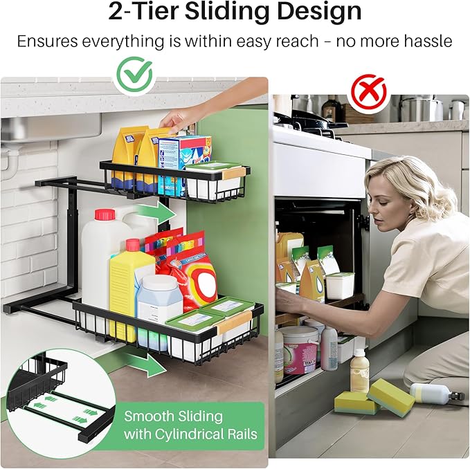 Pull out Cabinet Organizer, 2 Tier Under Sink Organizer, Slide out Metal - Image 6