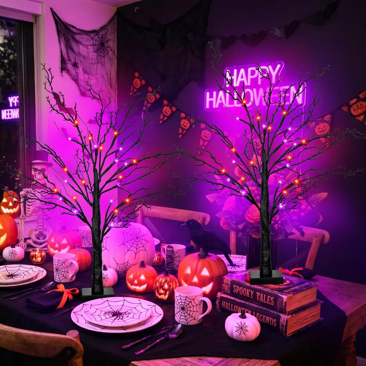 2 Pack 24 Inch Spooky Black Halloween Tree Decorations for Indoor Home Table,...