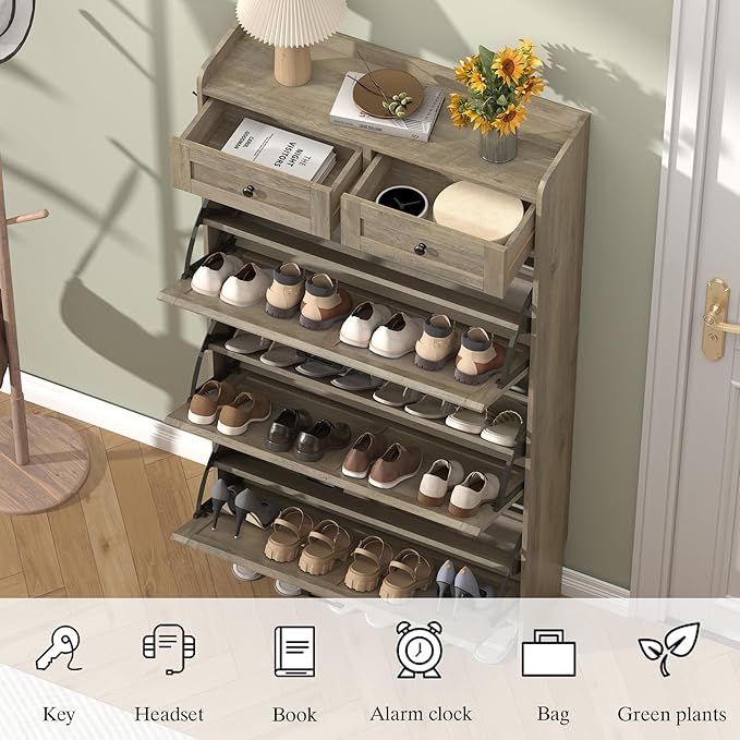 Shoe Cabinet with 3 Flip Drawers & 2 Storage Drawers, Rustic Farmhouse Narrow - Image 5