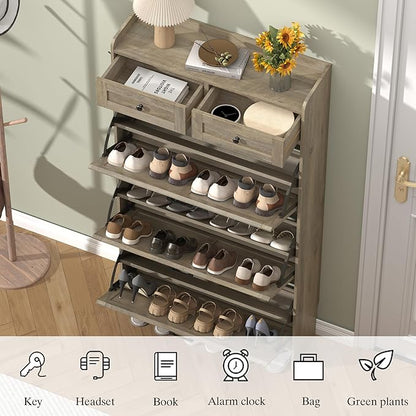 Shoe Cabinet with 3 Flip Drawers & 2 Storage Drawers, Rustic Farmhouse Narrow - Image 5
