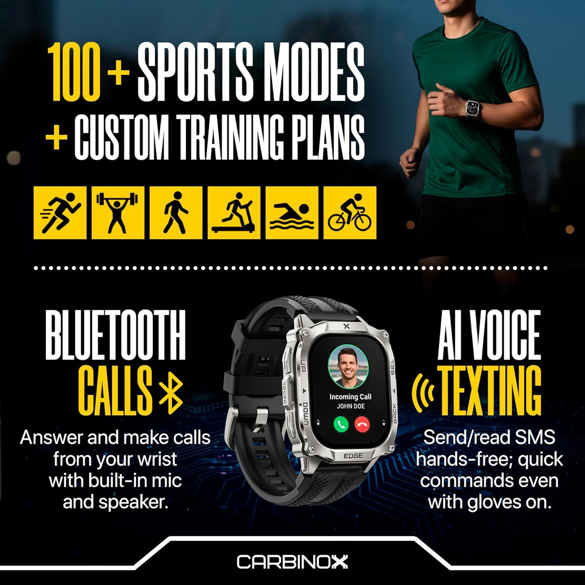 carbinox edge military smart watch for men, fitness showing dimensions