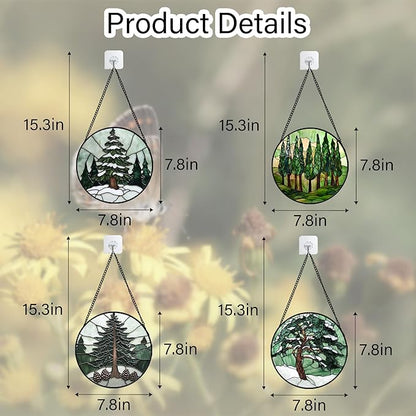 AMDERVEN Stained Glass Window Hanging 4 Pcs Set Forest Green Trees Winter Snow - Image 6