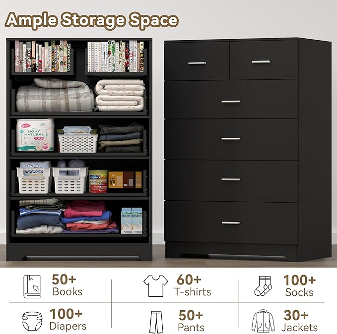 Dresser with Power Outlets Wooden 6 Drawer Dresser with Large Organizer Black - Image 7