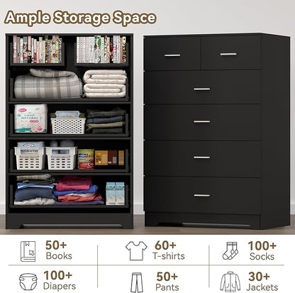 Dresser with Power Outlets Wooden 6 Drawer Dresser with Large Organizer Black - Image 7