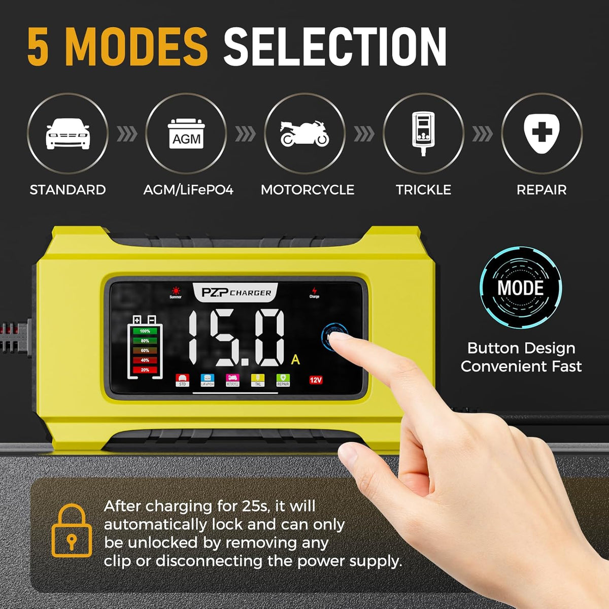 PZ.P 15-Amp 12V/24V Smart Battery Charger, Maintainer & Trickle Charger f...