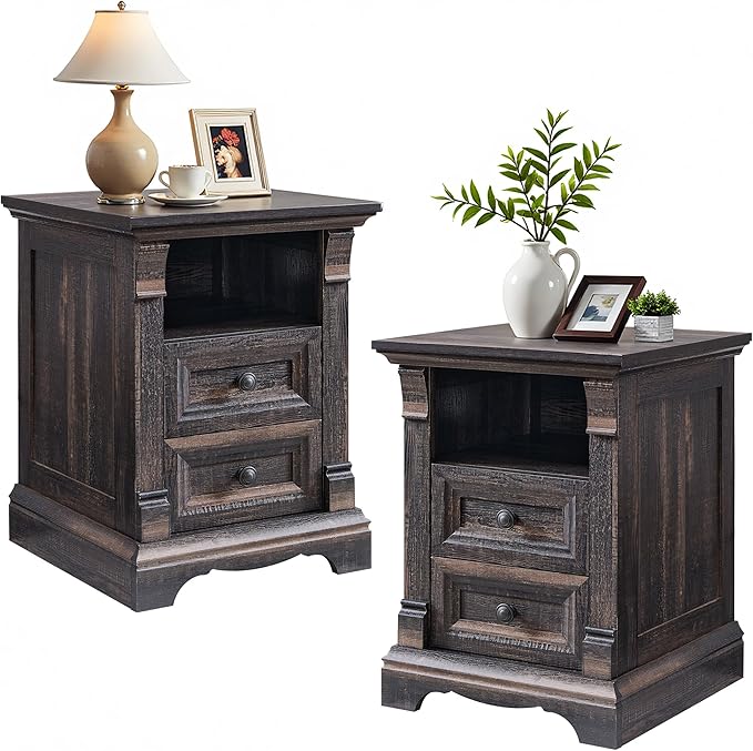 T4TREAM Farmhouse Nightstand Set of 2, Wood End Table w/Roman Column, Bedside by T4TREAMFurniture