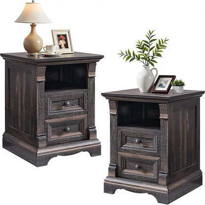 T4TREAM Farmhouse Nightstand Set of 2, Wood End Table w/Roman Column, Bedside by T4TREAMFurniture