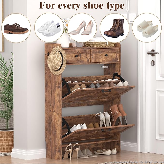Shoe Cabinet with 2 Flip Drawers & 2 Storage Drawers, Rustic Farmhouse Narrow - Image 8