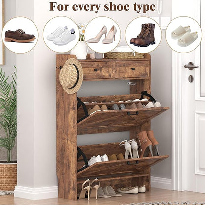 Shoe Cabinet with 2 Flip Drawers & 2 Storage Drawers, Rustic Farmhouse Narrow - Image 8