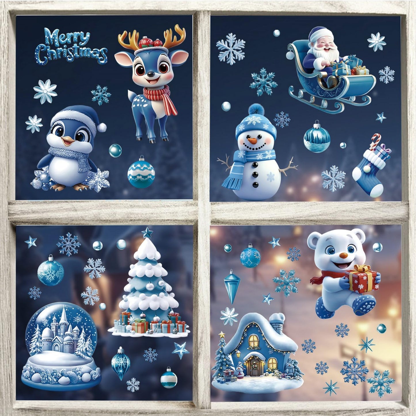 Christmas Window Clings 106Pcs, 2026 New Double Sided Christmas Window Stickers, Xmas Snowman Santa Claus Reindeer Snowflakes for Holiday Party Home Office Classroom Window Decals Decorations (Blue)